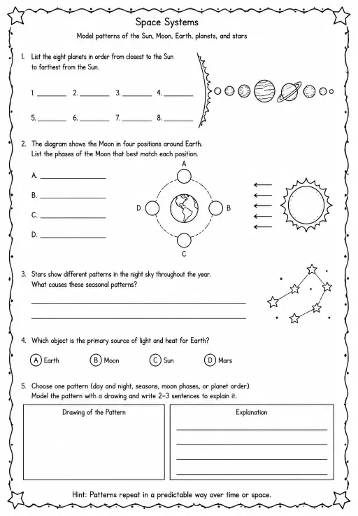 Model patterns of the Sun, Moon, Earth, planets, and stars