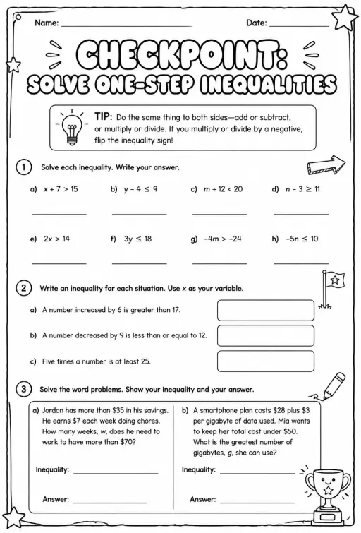Checkpoint: Solve one-step inequalities