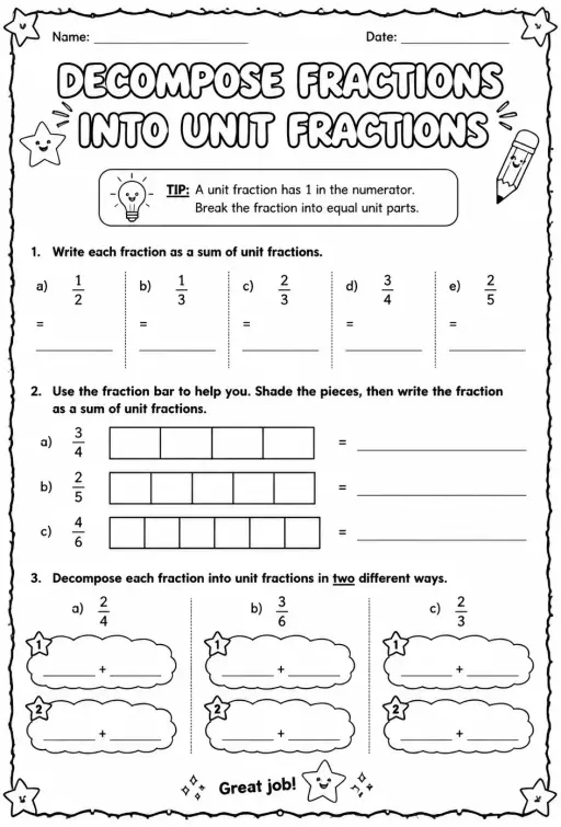 Decompose fractions into unit fractions