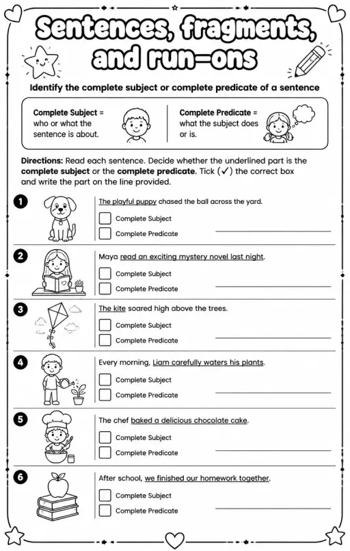 Identify the complete subject or complete predicate of a sentence