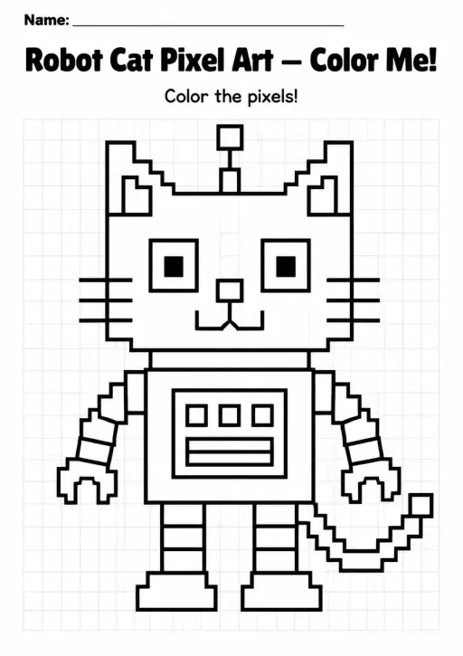 Robot Cat Pixel Art Coloring Page
