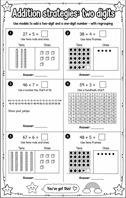Use models to add a two-digit and a one-digit number - with regrouping