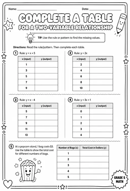 Complete a table for a two-variable relationship