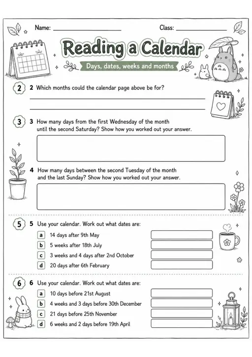 Reading a Calendar - Grade 3 Math Worksheet - grade 3 Printable independent practice