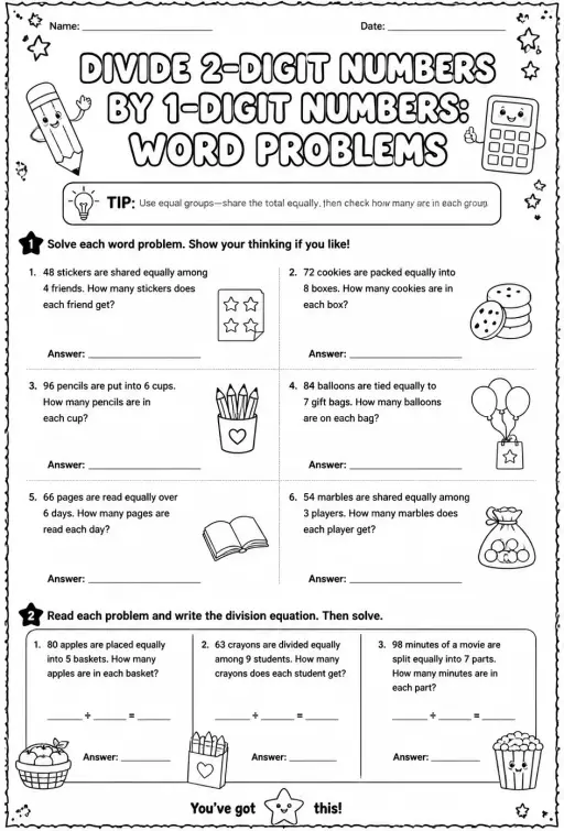 Divide 2-digit numbers by 1-digit numbers: word problems