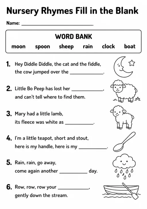 Nursery Rhymes Fill in the Blank — Grade 1