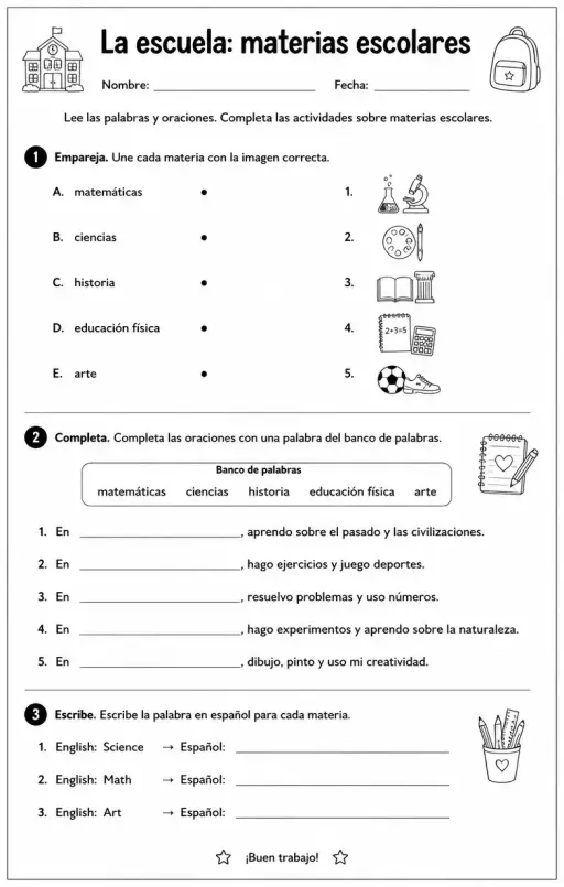 Reconocer palabras, frases o oraciones en español relacionadas con materias escolares.