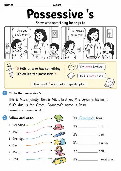 Possessive Apostrophe S | Grade 1 Grammar Worksheet