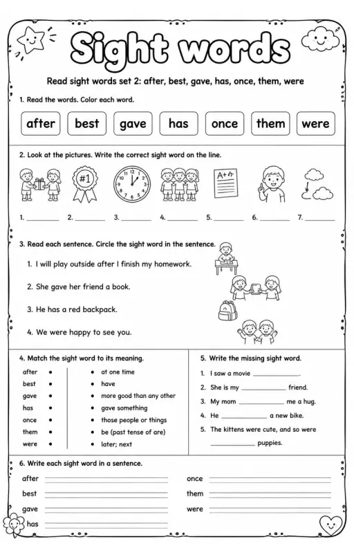 Read sight words set 2: after, best, gave, has, once, them, were