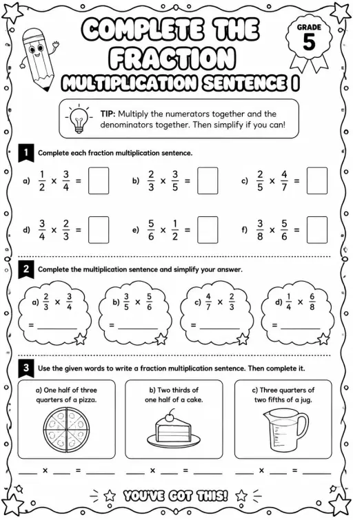 Complete the fraction multiplication sentence I