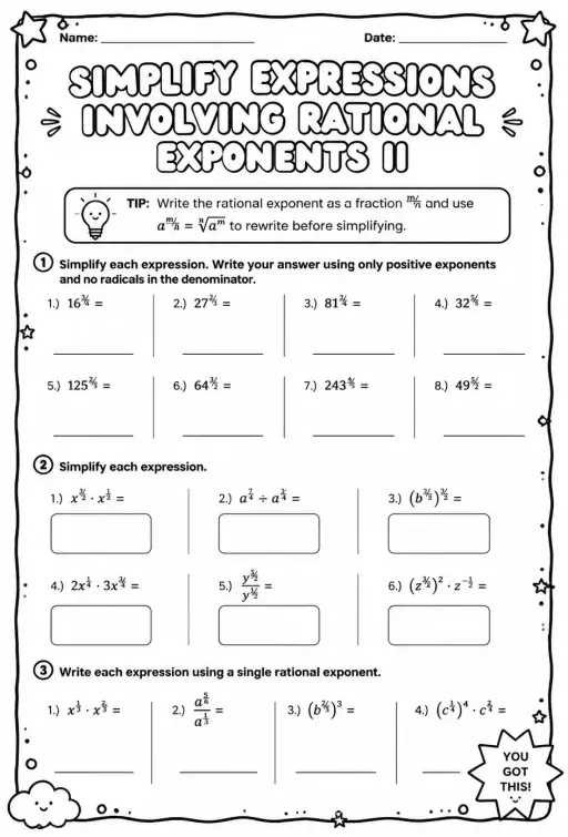 Simplify expressions involving rational exponents II