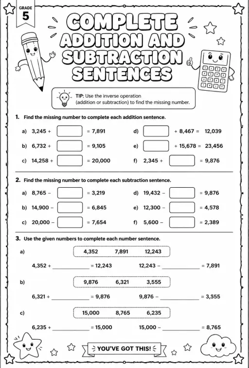 Complete addition and subtraction sentences