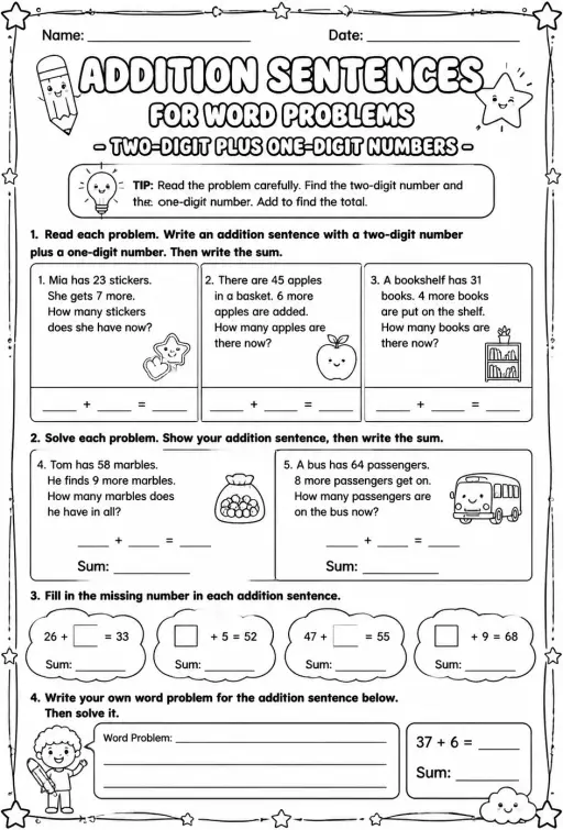 Addition sentences for word problems - two-digit plus one-digit numbers