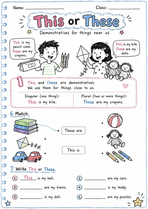 This or These Demonstratives | Grade 1 Grammar Worksheet