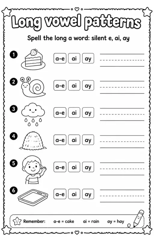 Spell the long a word: silent e, ai, ay