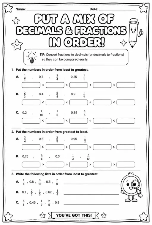 Put a mix of decimals and fractions in order