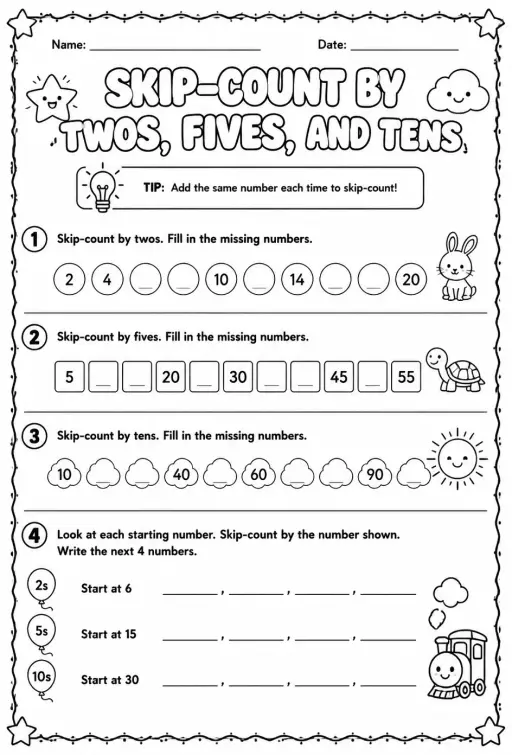 Skip-count by twos, fives, and tens