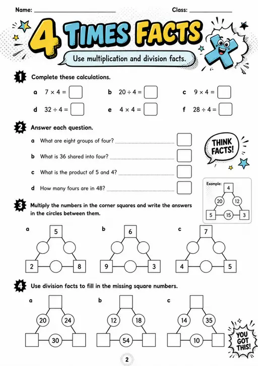 4 TIMES FACTS - Grade 3 Math Worksheet - grade 3 Reading, explanation, and short-response questions