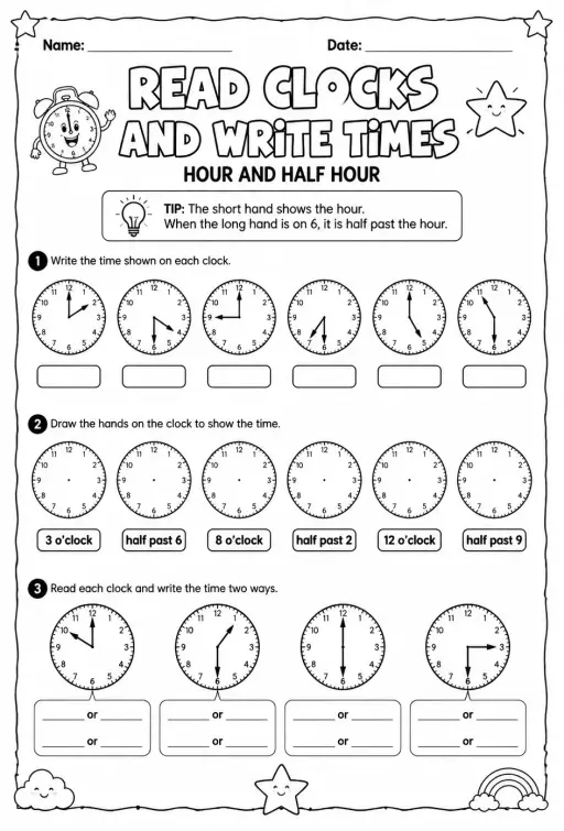 Read clocks and write times: hour and half hour