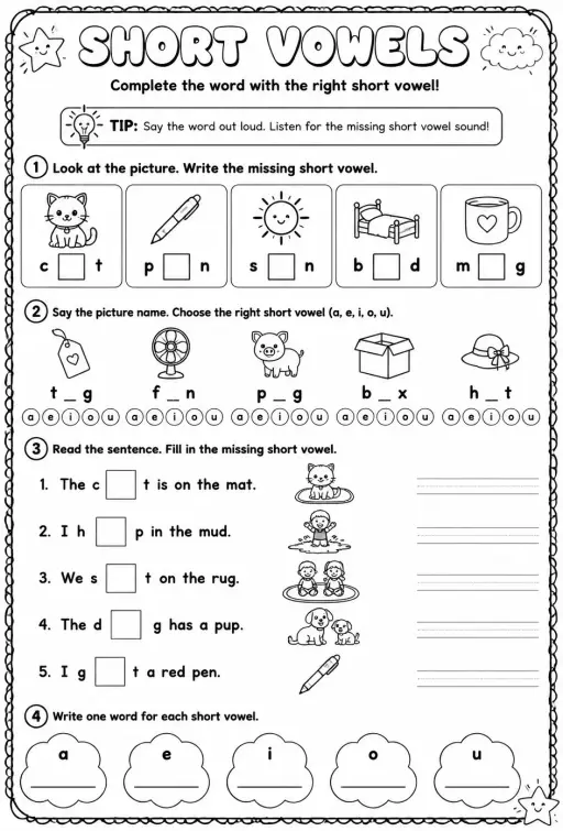 Complete the word with the right short vowel