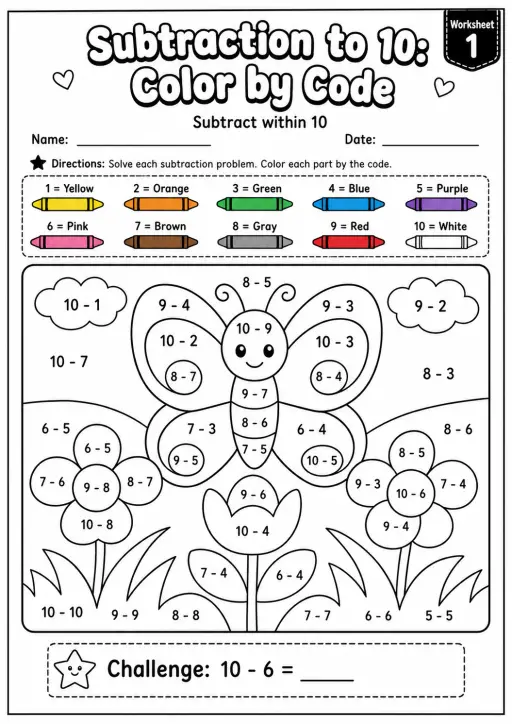Subtraction Color by Code Within 10 Worksheet Pack