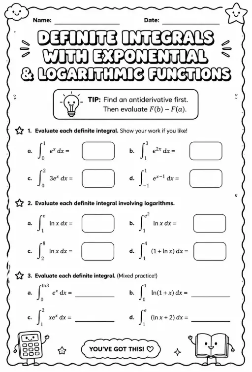 Evaluate definite integrals involving exponential and logarithmic functions