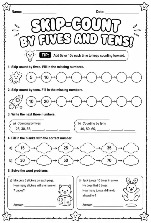 Skip-count by fives and tens