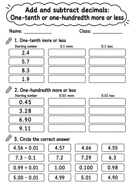 Grade 4 Add And Subtract Decimals Math Worksheet Pack