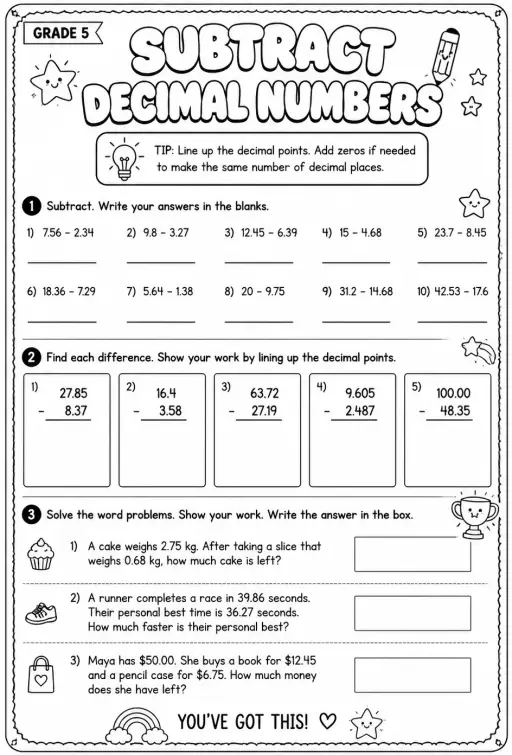 Subtract decimal numbers