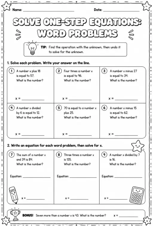 Solve one-step equations: word problems