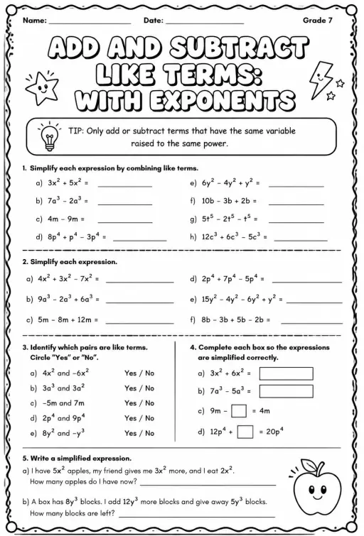 Add and subtract like terms: with exponents