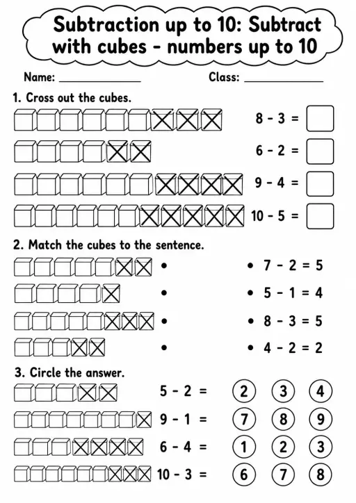 Kindergarten Subtraction up to 10 Math Worksheet Pack