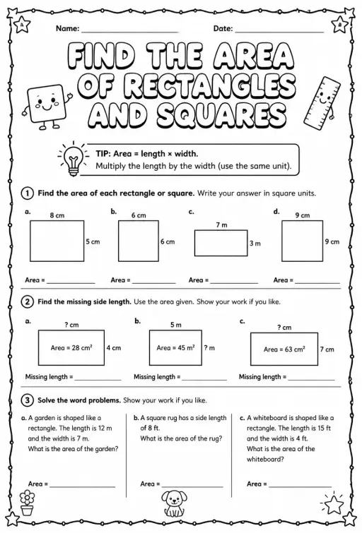 Find the area of rectangles and squares
