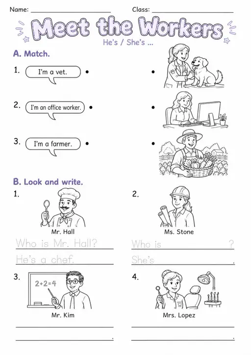 Meet The Workers | Grades 2-3 Vocabulary Worksheet