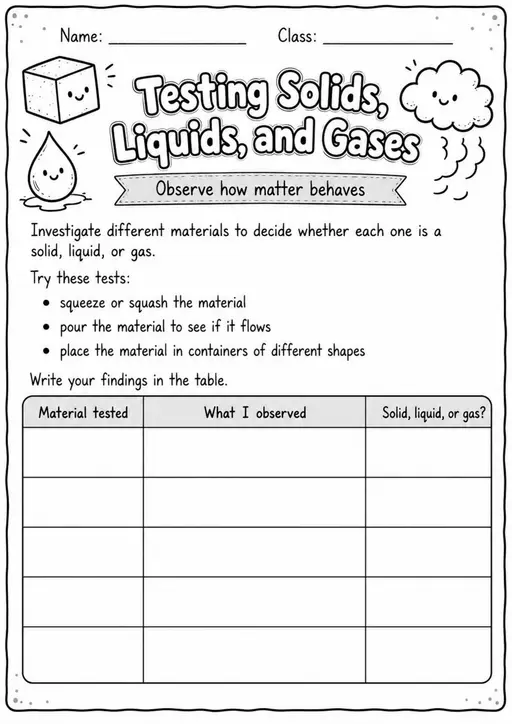 Testing Solids, Liquids, and Gases - Grade 3 Science Worksheet