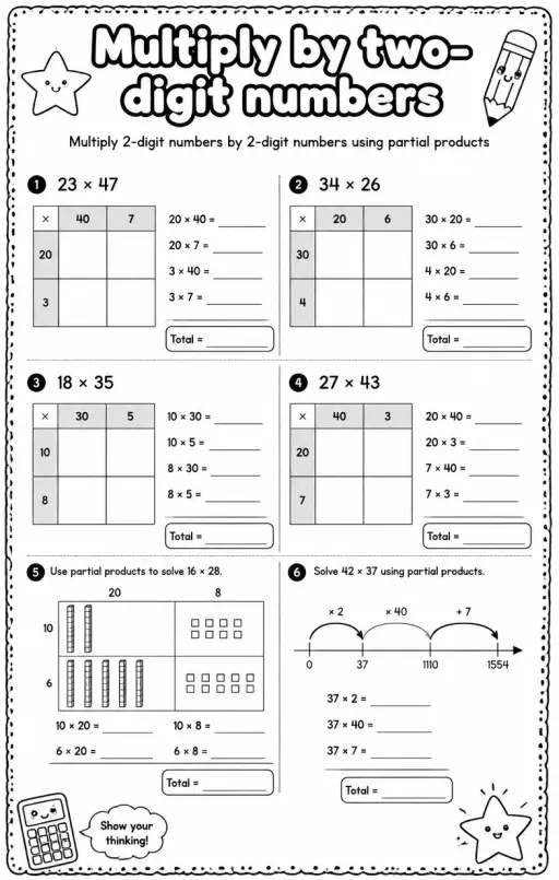 Multiply 2-digit numbers by 2-digit numbers using partial products