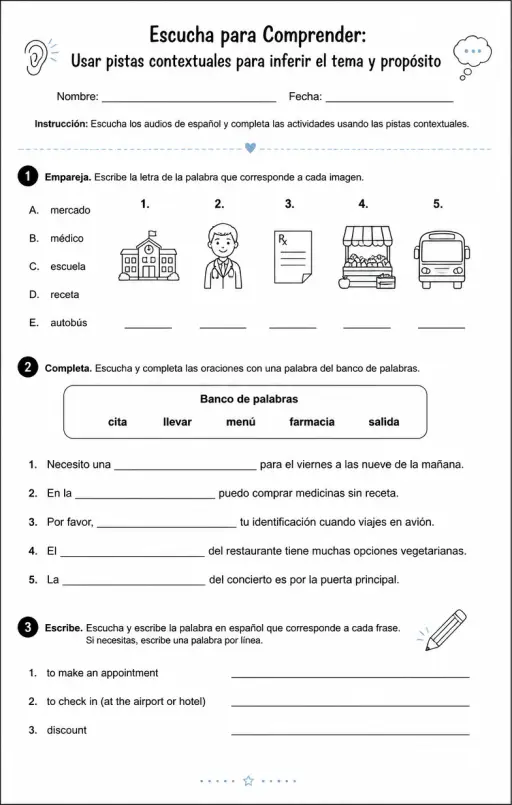 Usar pistas contextuales para inferir el tema y propósito de español hablado simple.