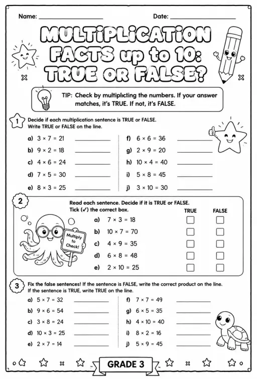 Multiplication facts up to 10: true or false?
