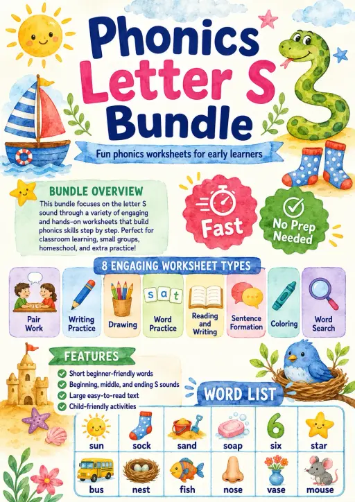 Letter S Phonics Worksheets Pack
