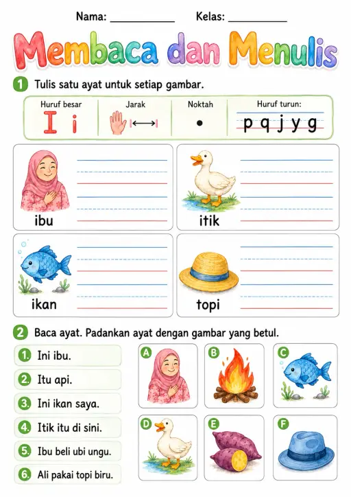 Malay Letter I Phonics Worksheets Pack