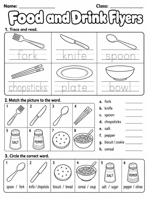 Food and Drink Flyers Vocabulary Worksheet Pack