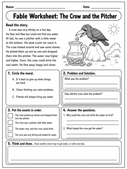 Fable Worksheet: The Crow and the Pitcher