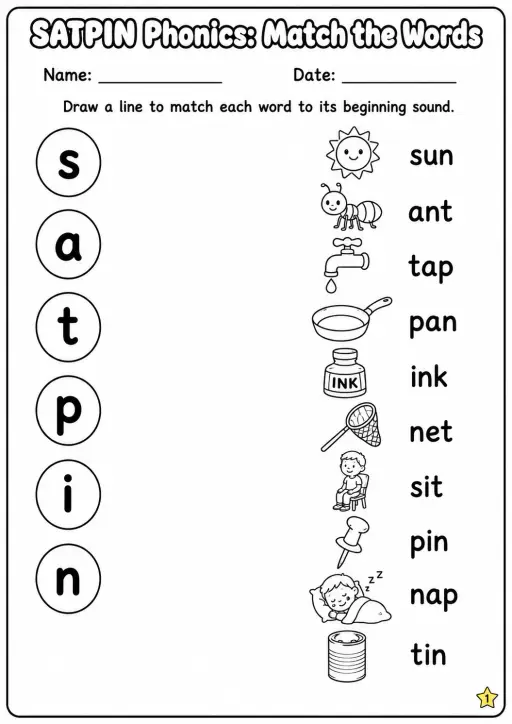 SATPIN Beginning Sounds Phonics Match the Words Worksheet Pack