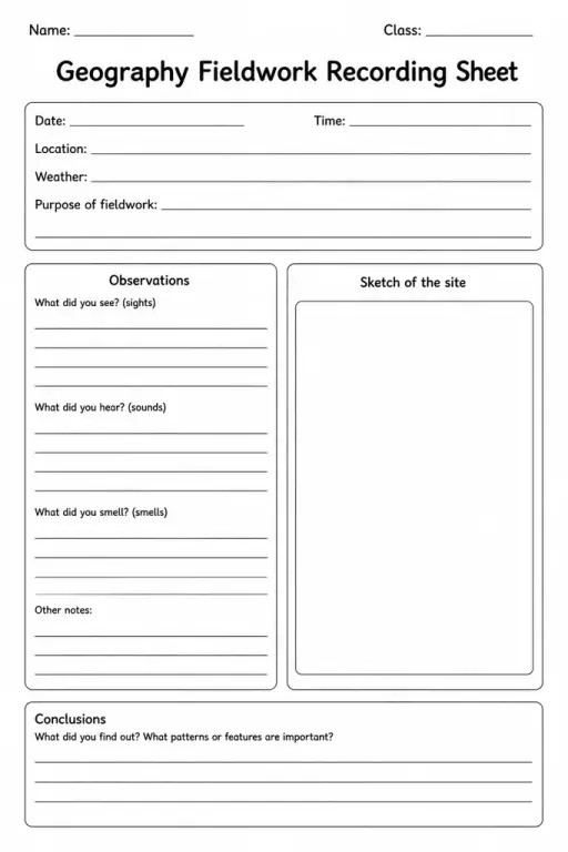 Geography Fieldwork Recording Sheet