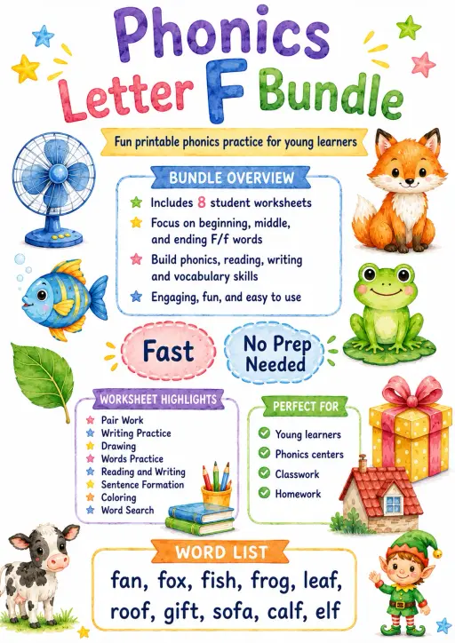 Letter F Phonics Worksheets Pack