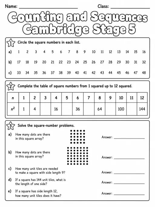 Counting and Sequences Cambridge Stage 5