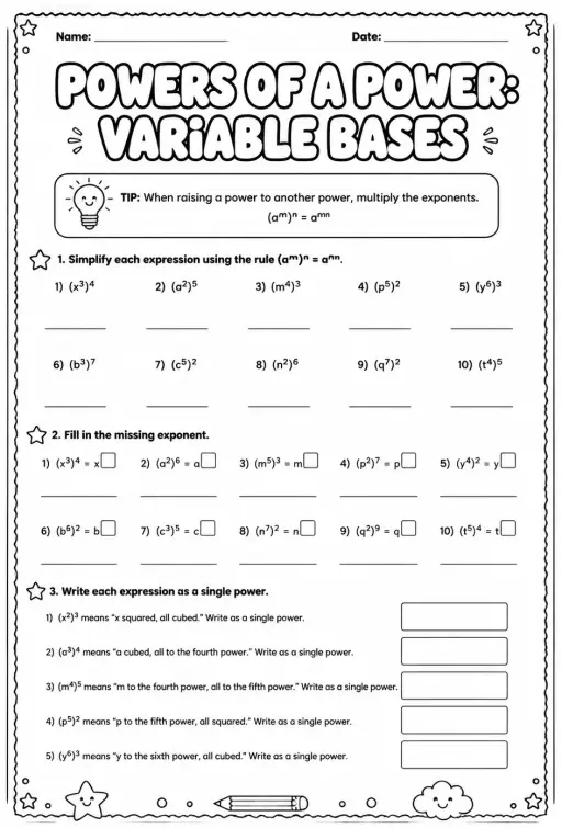 Powers of a power: variable bases