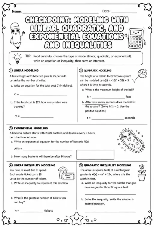 Checkpoint: Modeling with linear, quadratic, and exponential equations and inequalities
