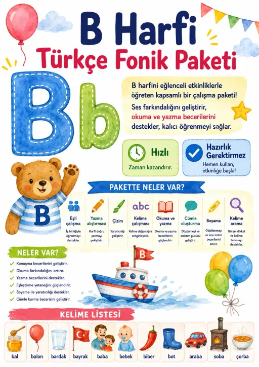 Turkish Letter B Phonics Worksheets Pack
