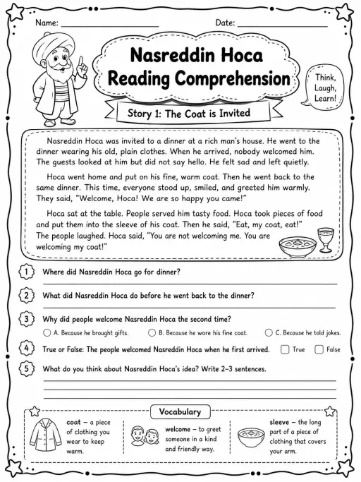 Nasreddin Hoca Reading Comprehension: The Coat is Invited